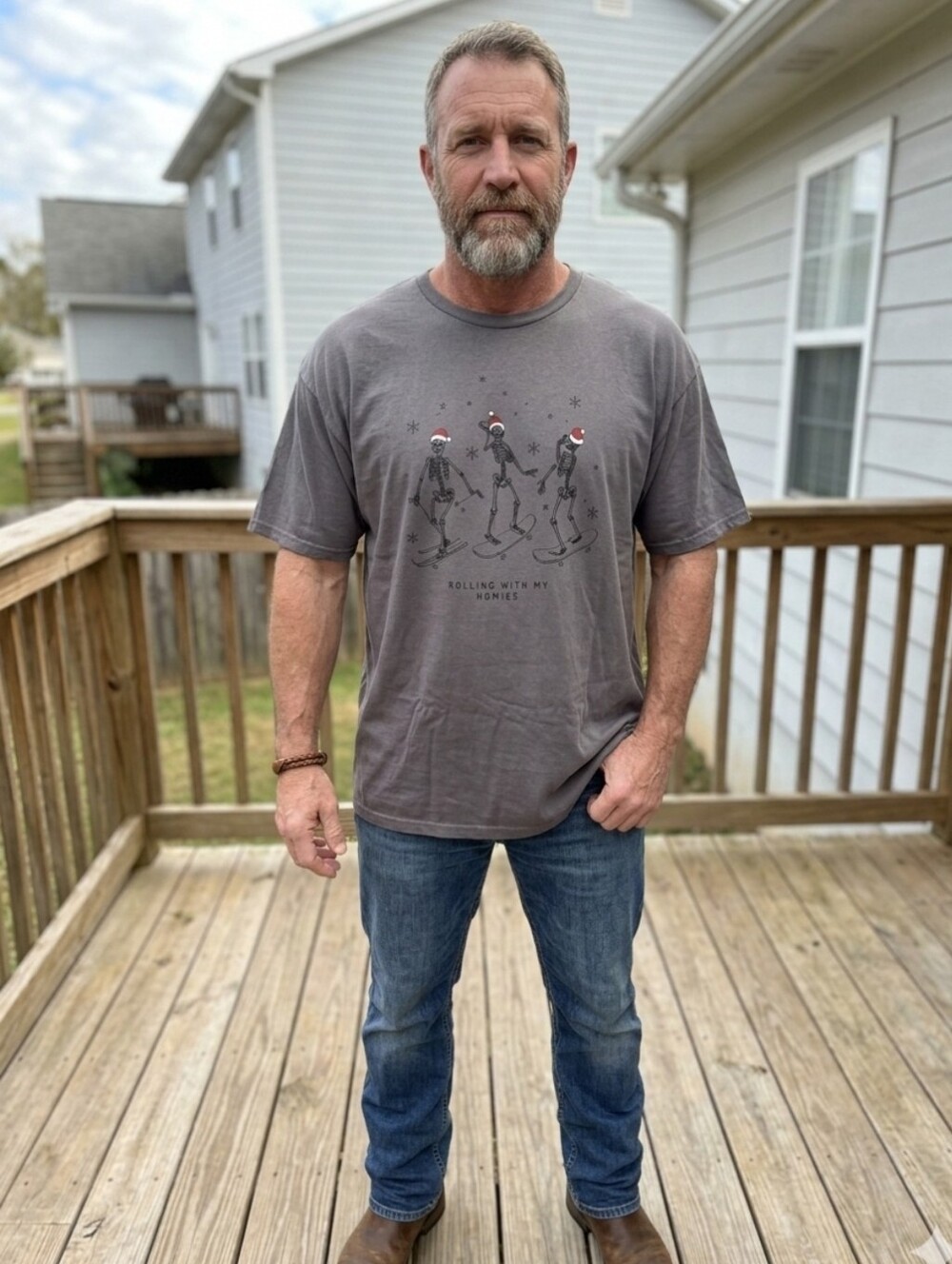 Men's Gray Graphic Skeleton Tee - Rolling With My Homies